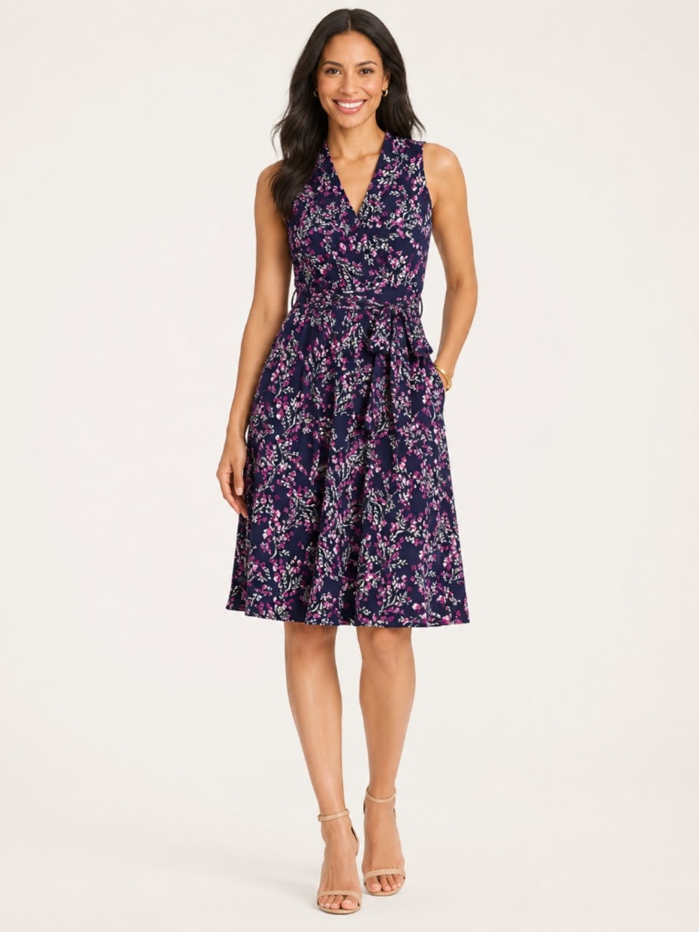 London‎ Times Navy & Magenta Floral Tie Dress - Size 8